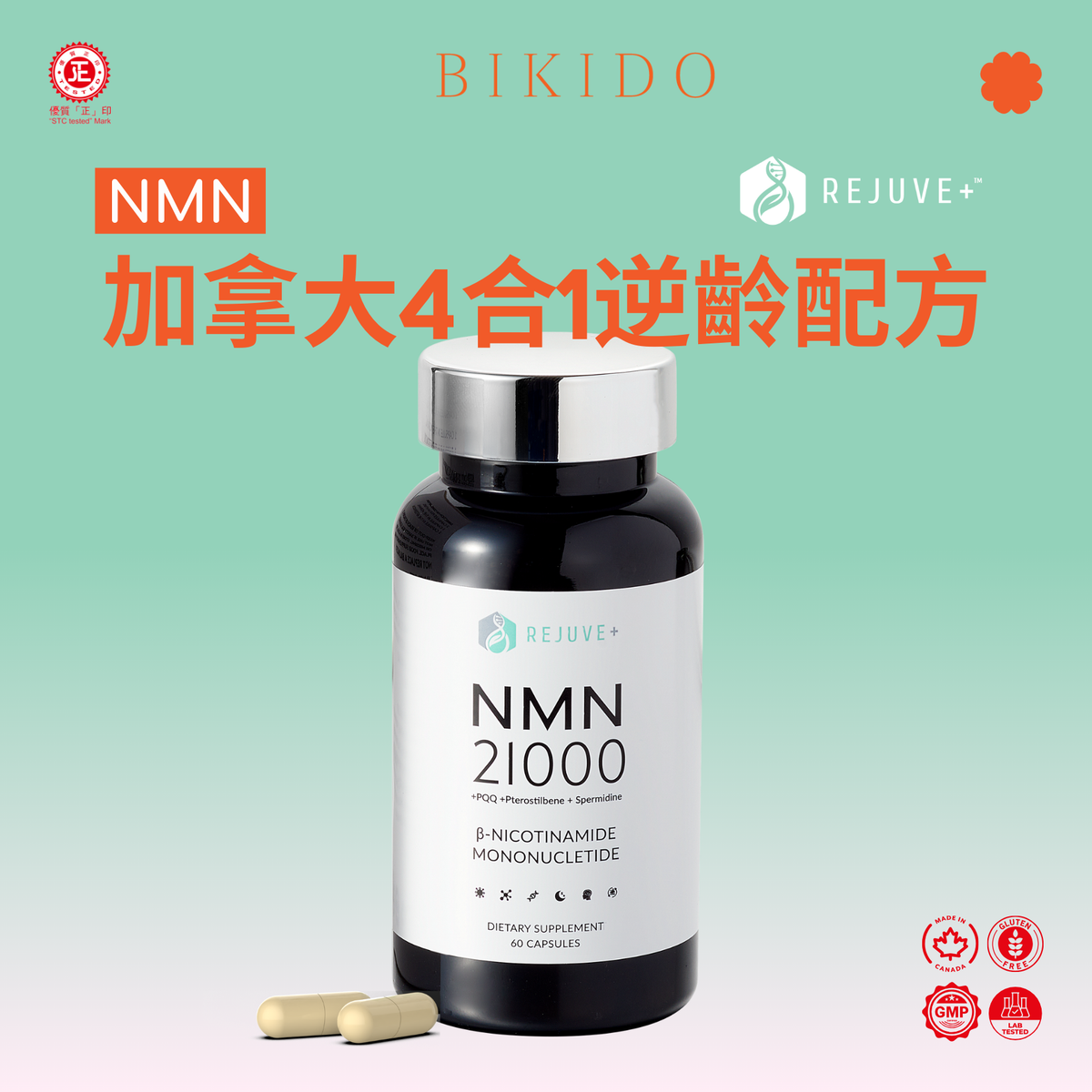 REJUVE+ - 加拿大 NMN 21000 4合1逆齡配方 60粒 | 100%純度 天然配方 延緩衰老 心血管健康 (團購限時優惠)